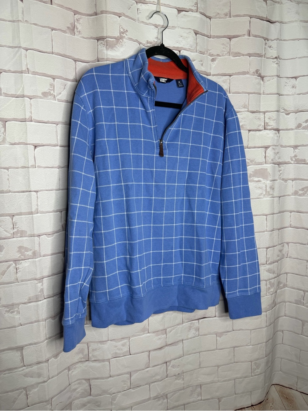 Lands’‎ End Quarter Zip Windowpane Pullover Sweater Blue Cotton Men’s Med